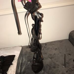 Zigi thigh black leather strap up boots